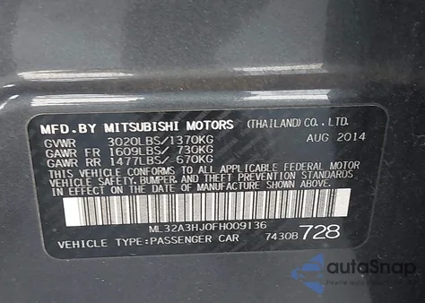 2015 Mitsubishi Mirage De z USA, uszkodzony, nr VIN ML32A3HJ0FH009136